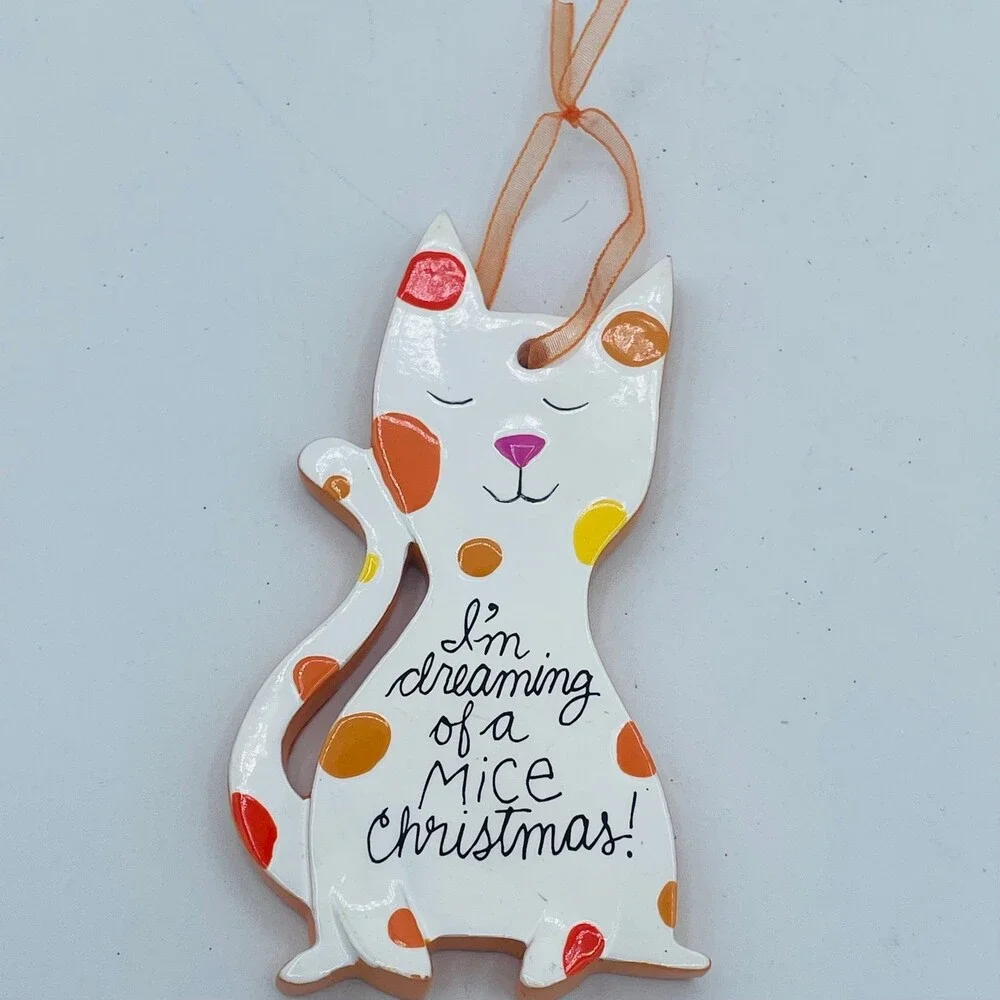 Pair of Hallmark Christmas Tree Ornaments Green & Polka Dot Cats HMK